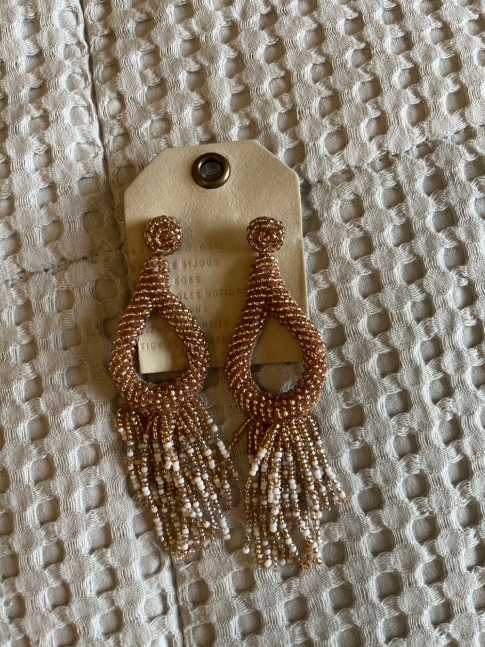 Anthropologie Rose Gold Beaded Loop Tassel Earrings